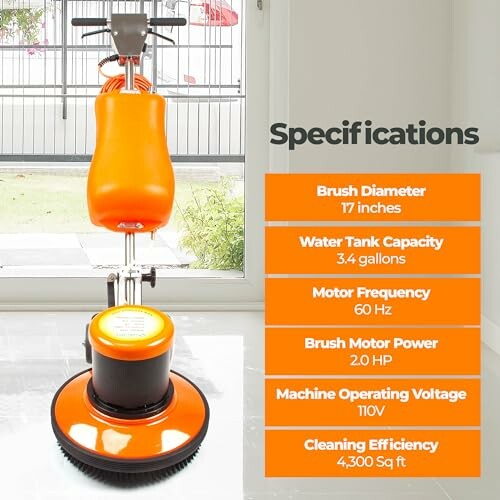 Floor cleaning machine with specifications listed.