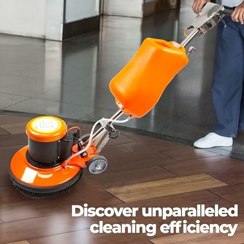 Floor polisher being used on wood flooring by a person